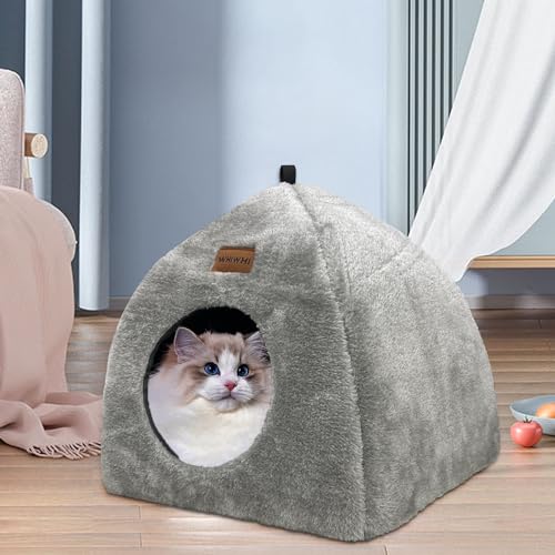 Whiwhi Katzenhöhle für Drinnen Katzenzelt mit Waschbarem Plüschkissen Weiches und Flauschiges Katzenhaus Klappbar Katzenbett Höhle 40x40x35cm
