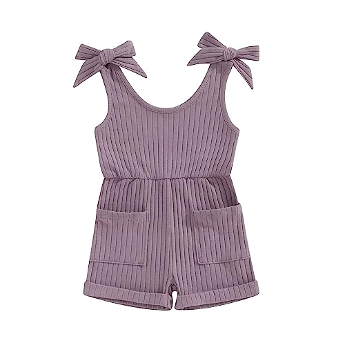 Image of Fernvia Toddler Baby Girl Summer Clothes Sleeveless Ribbed Knitted Jumpsuit Shorts Overalls Baby One Piece Outfit