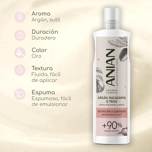 ANIAN - Champú Argán, Macadamia y Trigo, 400 ml, para Pelo Seco y Dañado, Nutrición y Suavidad, Limpia en Profundidad y Repara el Cabello, Nutre y Sella las Puntas, Recupera la Suavidad Natural - imagen 3