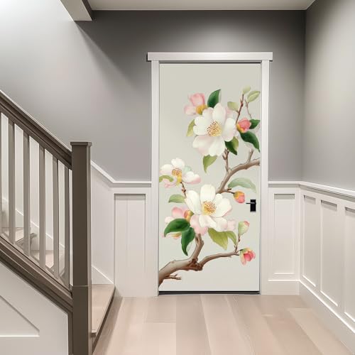 Sticker Porte Autocollant Poster De Porte Florale Camélia Oriental PVC Amovibles 80 x 200 cm Affiche De Portes Sticker Mural Papier Peint Art Décor,