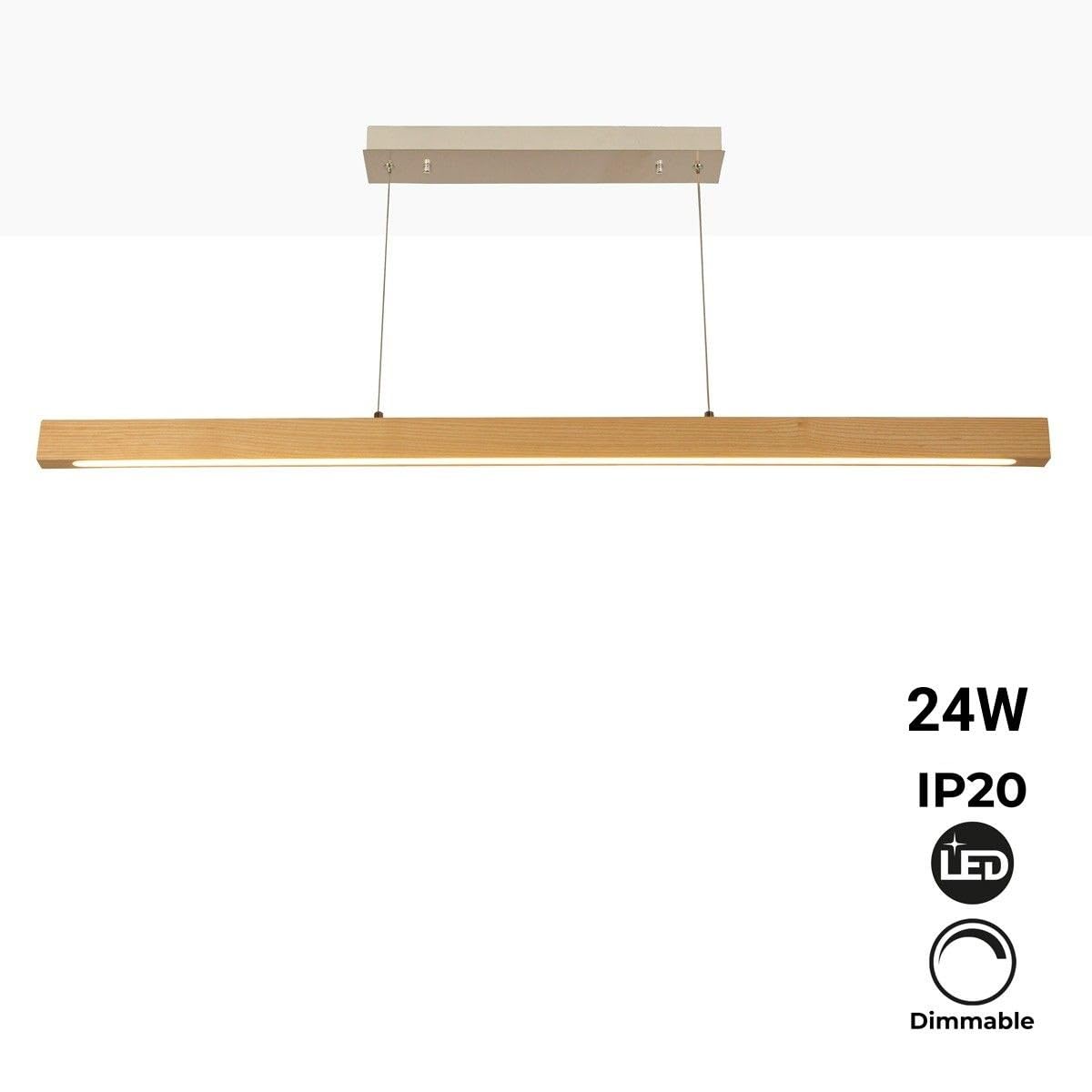 BARCELONA LED Lámpara colgante de madera COAK 24W regulable TRIAC 1920lm 2800K luz cálida lámpara techo moderna diseño lineal minimalista madera y metal para comedor salón oficina IP20 1200x465mm