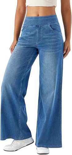 HJRYJS Women Sweatpant Jeans Sweatpants That Look Like Jeans High Waisted Stretchy Pull On Wide Leg Denim Pants with Pocket (Medium Blue,X-Large)