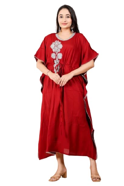 “Royal Maroon Rayon Kaftan for Women | Silver Embroidered Neckline, Drawstring Waist.-image-5