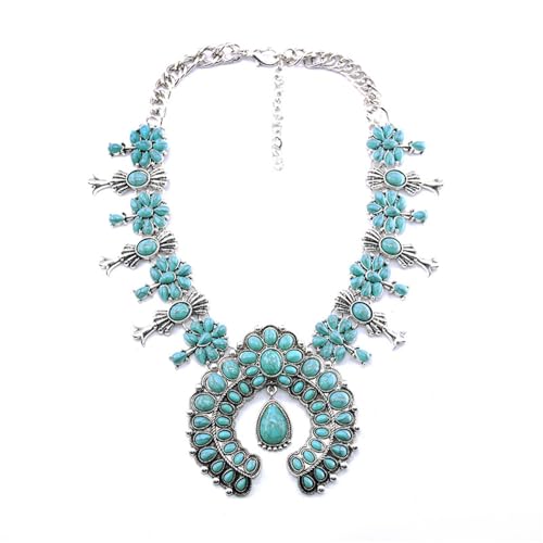 IMINI Collier Bohème Femme Pendentif Fleur Turquoise Longue Bijou Vintage Style Hippie Avec Pierre Squash Blossom Collier Cravate Exagéré Cadeau Femme Bijou...