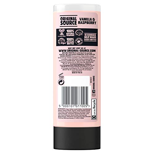 Original Source Vanilla & Raspberry Shower Gel, 100 Percent Natural Fragrance, Vegan, Cruelty Free, Paraben Free, Bulk Buy, Pack of 6 x 250 ml