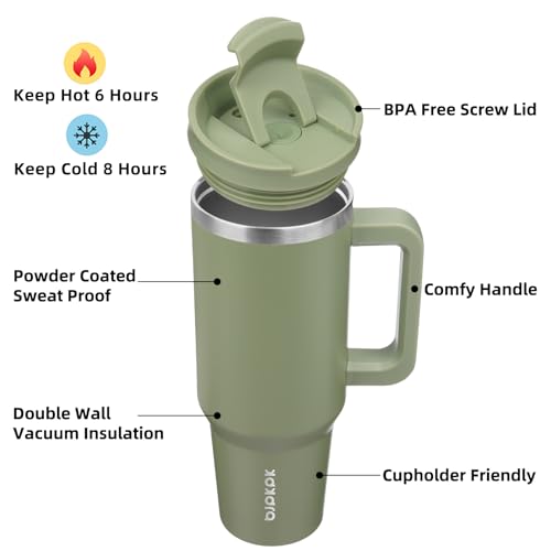 Image of BJPKPK 40 oz Insulated Tumbler With Lid And Straw Stainless Steel Tumblers Cup With Handle For Women And Men,Sage