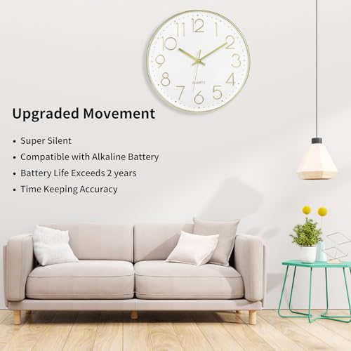 Foxtop Gold Wall Clock 12 Inch Silent Non-Ticking Battery Operated Round Modern Wall Clock for Living Room Bedroom Kitchen Home Office Decor - Image 5