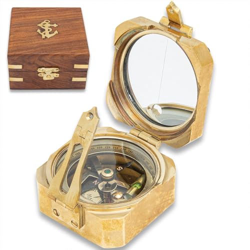 Brass Square Case Compass with Wooden Box | Solid Brass Construction | Velvet-Lined Box | Glass Construction | 3