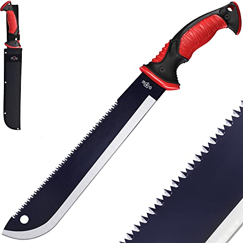11 Inch Serrated Blade Machete with Nylon Sheath - Saw Blade Machetes with Non-Slip Rubber Handle - Best Brush Clearing Tool Grand Way 111084 