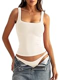 Eachyes Womens Square Neck Seamless Tank Tops Sleeveless Double Layering Shirts Fitted Going Out Tops Summer Outfits 2024 Beige Medium