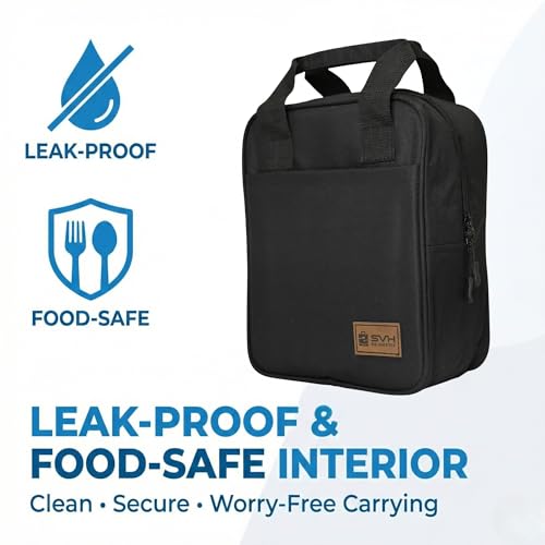 Image of SVH Insulated Lunch Bag | Leak Proof Food Safe Interior | Durable Zipper & Strong Handle Portable Tiffin Carry Bag for Office, School & Travel (Black)