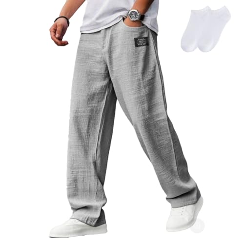 Mokaloha Mens Pants, New Men's Casual Hemp Fabric Embroidered Logo Drawstring Loose Elastic Waist Pocket Trousers