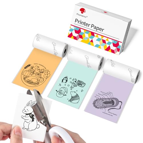Phomemo Paper for T02 M02 M02X M02S M02PRO M02L Mini Printer, Compatible with M03 M03AS M04S M04AS M832 M833 Portable Thermal Printer, Mint Green/Purple/Orange Sticker Paper,53mm x 3.5m, 3 Rolls