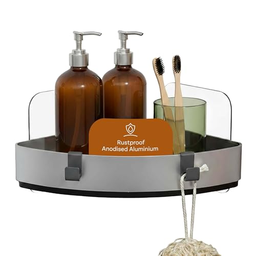 DUOESSENS Corner Shower Caddy - Anodized Aluminum Shower Shelf Corner Rack Organiser with Hooks, Elegant Bathroom Caddy with no drilling and drilled options, Brushed-Silver Finish