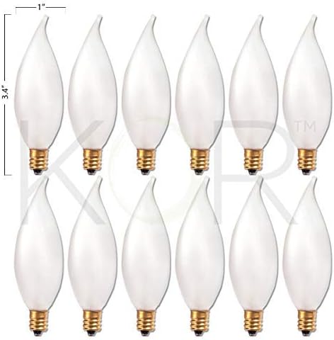 KOR Pack of 12 – 15 Watt Flame Tip Shape Frosted Candelabra Light Bulbs, E12 Base, 120V, Incandescent Dimmable. Warm White Color, 15W for Chandeliers, Pendants, Ceiling Fan and Sconces