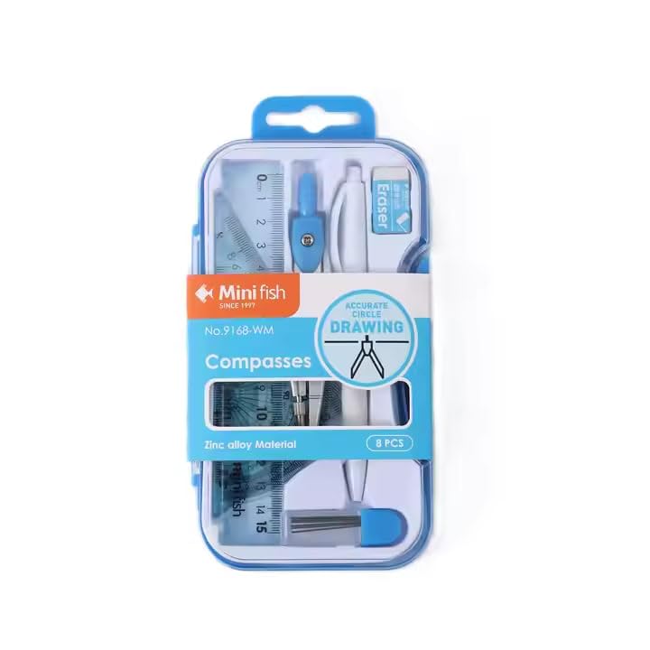 Image of Geometry Set, 8-in-1 Math Kit Drafting Tools Include Study Compass, Graphic Compass, Protractor, Pencil, Eraser, Triangle, Set Square, 15cm /6 inch Ruler, Storage Box