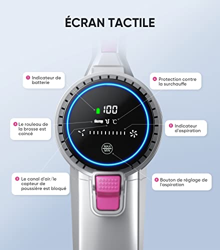 Aspirateur Balai sans Fil, BuTure 33000Pa Aspirateur sans Fil Puissant avec 55 Min d'Utilisation & Écran Tactile, Capacité 1L, Aspirateur Balai 400W pour Tapis/Poils Animaux/Sol Dur - Image 5