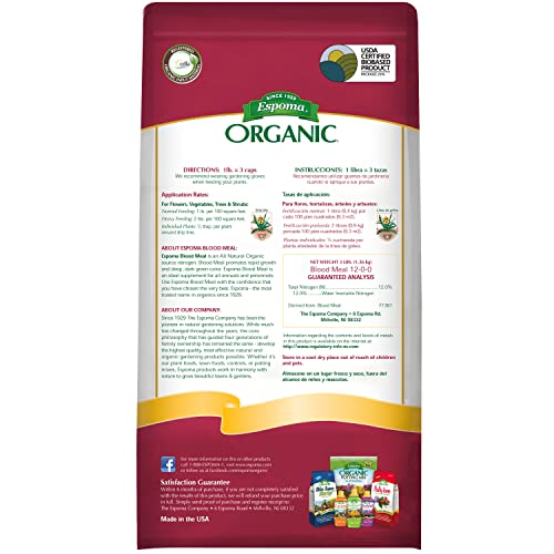 Espoma Organic Blood Meal Fertilizer 12-0-0 . All-Natural Plant Food Source of Nitrogen for Organic Gardening. For Flowers, Vegetables, Trees & Shrubs. 3 lb. Bag. 3 Pack