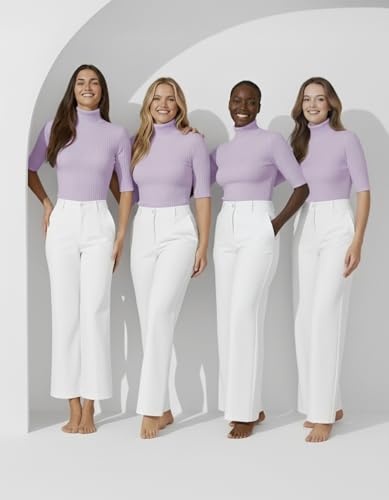 Image of v28 Women Turtleneck 1 /2 Half Sleeve Highly Stretchy Ribbed Knit Fitted Sweater