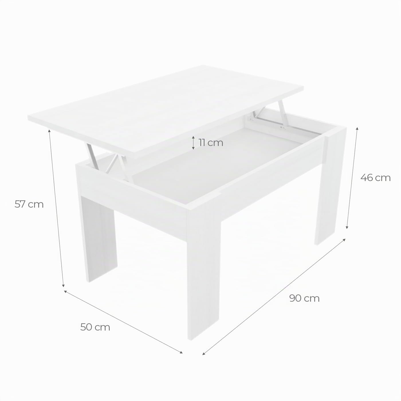 amuéblate online - Mesa de Centro Elevable, Mesita de Salón o Comedor, Acabado en Gris Polar, Medidas: 90 cm (Ancho) x 50 cm (Fondo) x 46-57 cm (Alto)