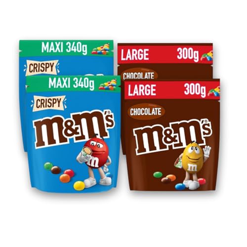 M&M'S – Lot de 2 Pochons Crispy 340g + 2 Pochons Chocolat 300g – Maxi Format – Sachets Partage
