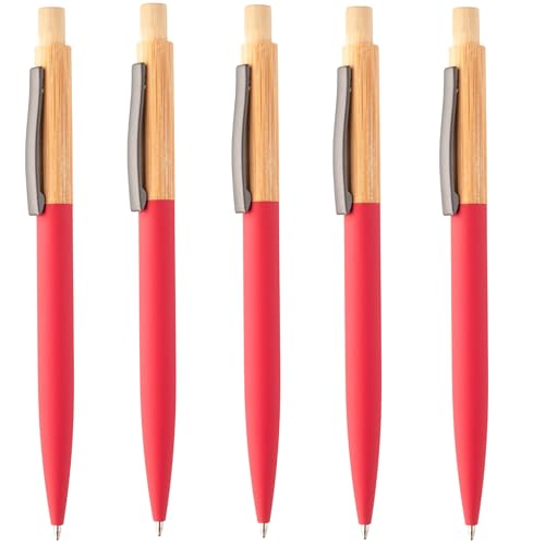 noTrash2003 Juego de 5 bolígrafos de bambú y aluminio reciclado con superficie de goma y clip de metal, mezcla de materiales ecológicos y diseño moderno en azul (rojo)