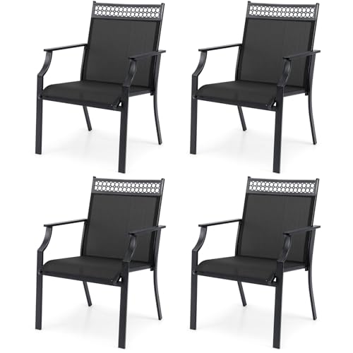Image of Giantex Patio Chairs Set of 4, Outdoor Chairs with All Weather Fabric, High Backrest, Armrests, Heavy Duty Metal Armchair, Outside Dining Chairs for Porch Lawn Garden Yard Pool, Black