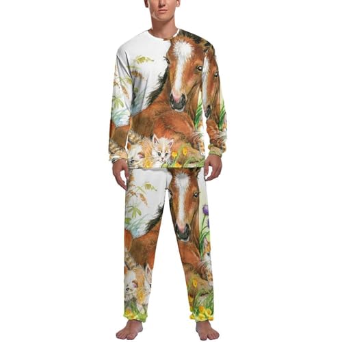 Pijama homme chat et cheval : ensemble haut manche longue et pantalon de nuit