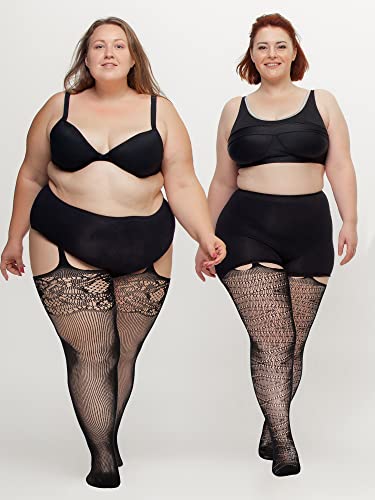 Image of Jadive 6 Pairs Women Plus Size Suspender Tights Fishnet Thigh High Stockings Garter Belt Lingerie Pantyhose