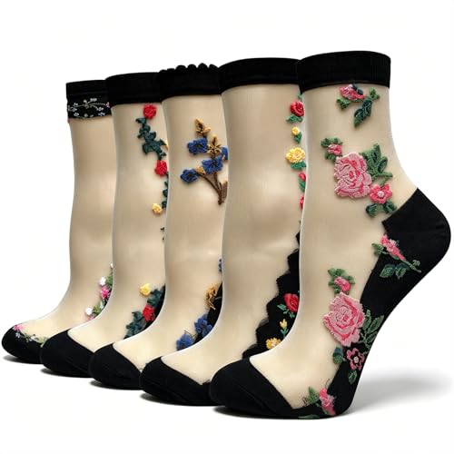 Image of DXYAKY 5 Pairs Sheer Floral Socks for Women, Lightweight Mesh Ankle Lace Socks, Breathable Summer Cute Transparent Stockings