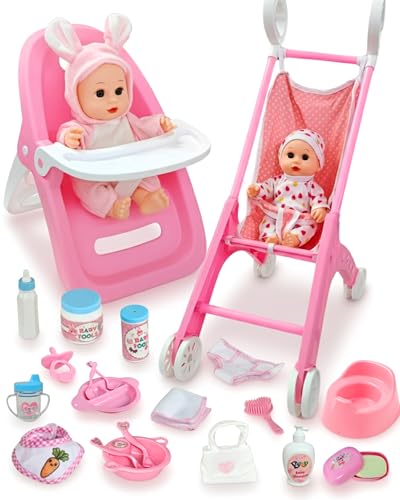 Baby Doll Stroller Set, 28-Piece Playset with High Chair, 2 Doll Outfits & Accessories, Imaginative Role-Play Gift for Toddlers 1-5