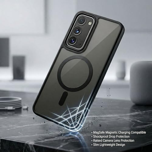 Image of Amazon Basics Magnetic Case for Samsung Galaxy S20FE 5G - Compatible with MagSafe, Slim Translucent Matte Frosted Back, Metal Buttons & Enhanced Camera Protection - Black