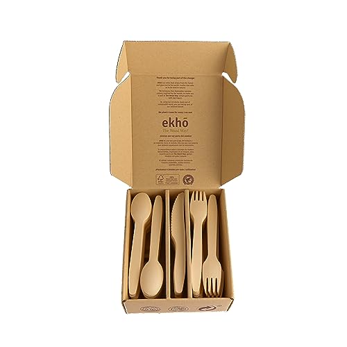 ekhõ The Wood Way! – Juego Cubiertos Desechables Biodegradables - Cubiertos para Llevar Ecológicos Biodegradables y Compostables - Cubertería Desechable (40 Tenedores + 40 Cucharas + 40 Cuchillos)