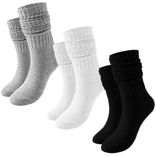 QOMJUFA 3 Paia Calze Termiche Donna, Calzettoni Donna, Calzini Termiche Di Invernali Donna Tinta Unita Alta Caviglia Calze di Cotone, Calzini termici Spessi in MagliaTraspirante