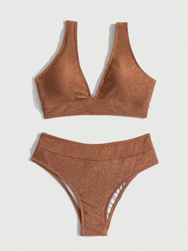 SweatyRocks Women's Solid V Neck High Waist Bikini Set Summer Sparkly Two Piece Bathing Suit4