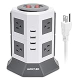 Surge Protector Power Strip Tower JACKYLED 8 AC Outlets 3000W 15A and 4 USB Slots 8A Desktop Smart Universal Charging Station Multiple Protection Heavy Duty 6.5ft 14 AWG Extension Cord White and Gray