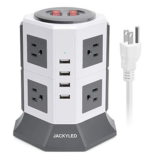 3000W 15A Power Strip Tower 8 AC Outlets 4 USB Slots (Total 8A) JACKYLED Surge Protector Charging Tower with Heavy Duty 6.5ft 14AWG Extension Cord for Home Office