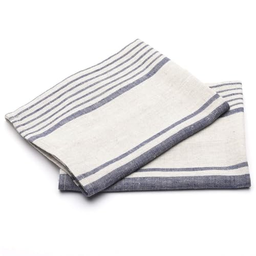 LinenMe Set mit 2 Geschirrtuch Leinen 100%, 45x66 cm Provence - Leinentuch mit Aufhänger - Geschirrtücher & Küchentücher in Natur/Indigo gestreift, Hergestellt in Litauen
