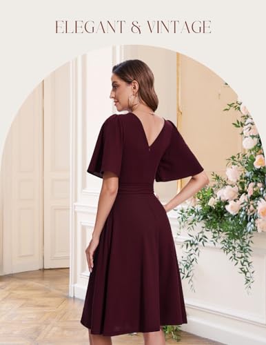 Bbonlinedress Abendkleider elegant für Hochzeit Weihnachten Kleid Damen Winter elegant Kurzarm festliches Kleid midilang Party Cocktailkleid Burgundy XL