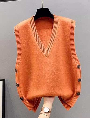 Image of Womens Knit Sweater Vest Side Button Down Pullover Sleeveless V Neck Knit Sweater Vest(0312-Orange-L)