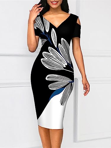 2023 Fashion Cold Shoulder Short Sleeve Floral Print Slim Ladies Work Wear Office Knee-Length Dresses 3XL-S3