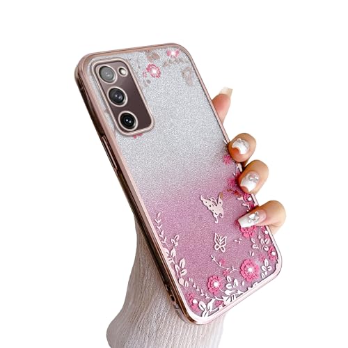 Image of for Samsung Galaxy S20 FE Case,S20 FE Case for Women Gradual Change Glitter Crystal Soft TPU Stylish Butterfly Floral Heart Clear Protective Cover with Strap for Samsung S20 FE (Rose Gold)