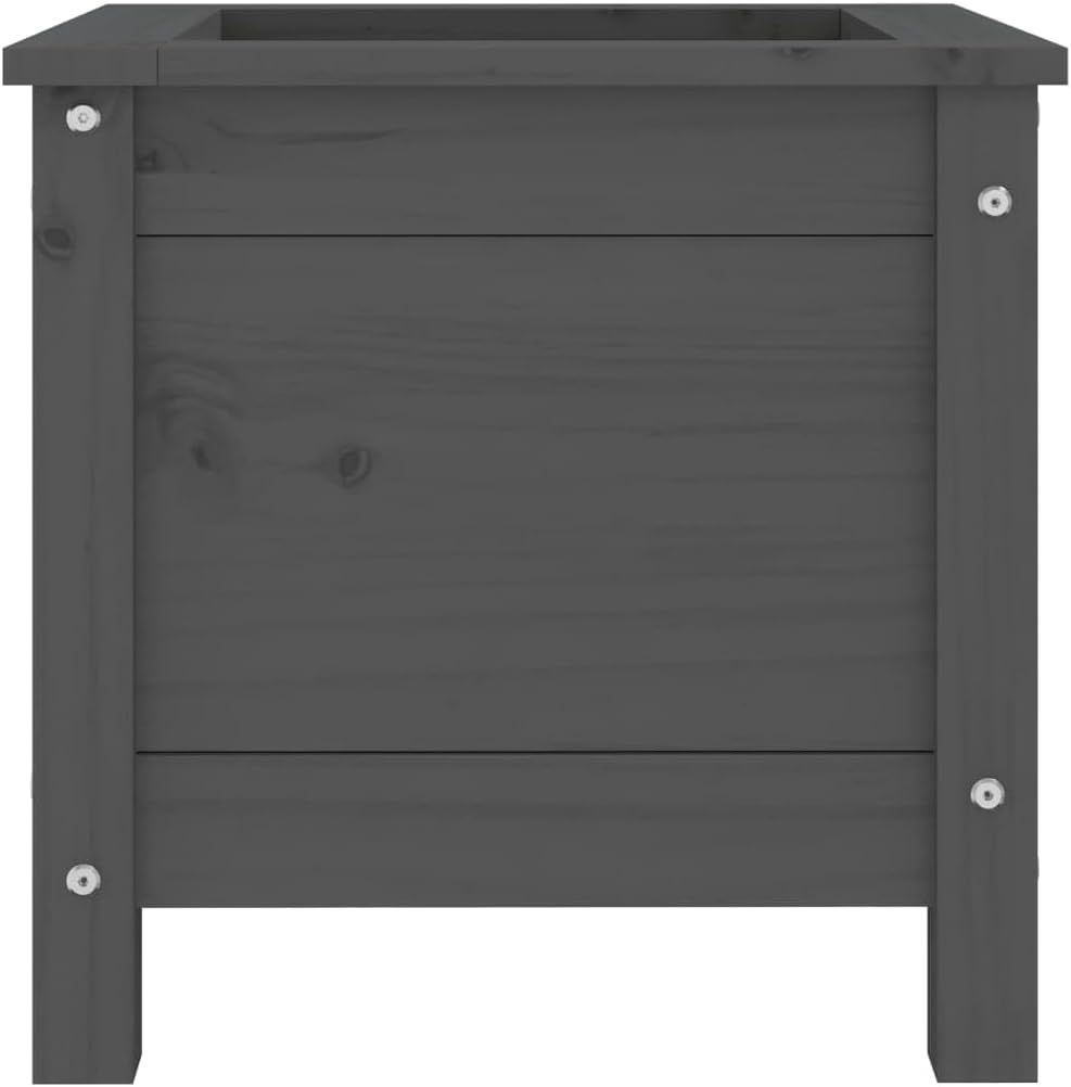 Side view of the assembled grey solid pine raised garden bed, showing the horizontal panels and vertical corner posts.