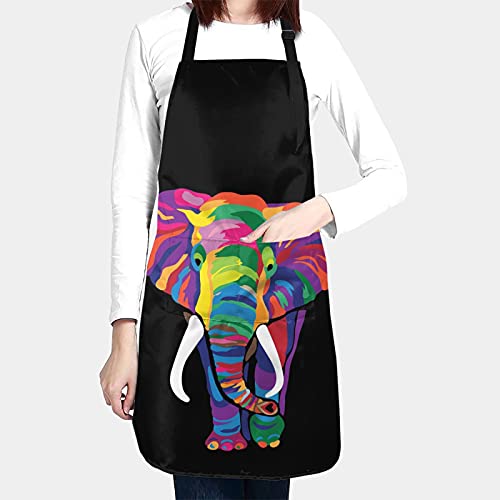 Adjustable Waterproof Bib Apron Rainbow Bright Color African Safari Animal Elephants Ivory With 2 Pockets For Women Men With Bbq Cooking Kitchen #TOP1