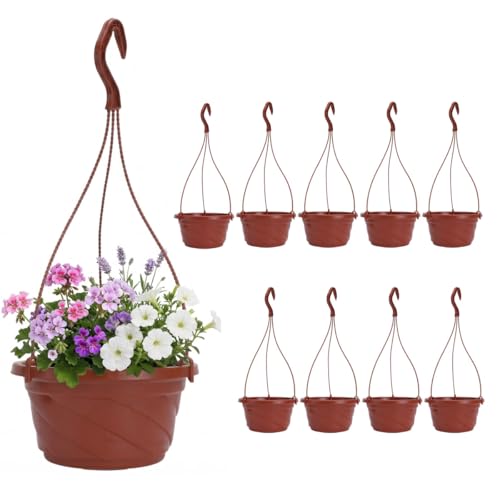 Image of DOITOOL 10 Pack Hanging Plastic Pots for Plants with Hook, Garden Flower Plant Pot Container Baskets Hanging Nursery Planter Holder for Indoor Outdoor Garden Decor (Brown, 6.7 Inch)