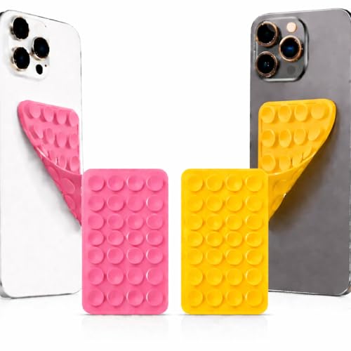 Image of GooseBox Suction Phone Case, Silicone Suction Phone Case for Hands-Free Mobile Accessory Holder Grip, Video Phone Accessory Compatible Mirror, Shower (Yellow & Dark Pink, Pack of 2)