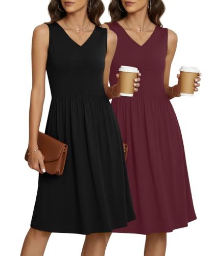 Image of NILOUFO Sleeveless Dress for Women Summer Knee Length Sundress with Pockets | Sundresses for Women Tank Empire Waist Sun Dress Cold Shoulder Casual V Neck Midi Dress Flowy Summer Dresses for Women