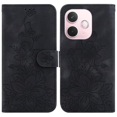 Étui Xiaomi Redmi Note 13 4G noir avec clapet magnétique floral et portefeuille