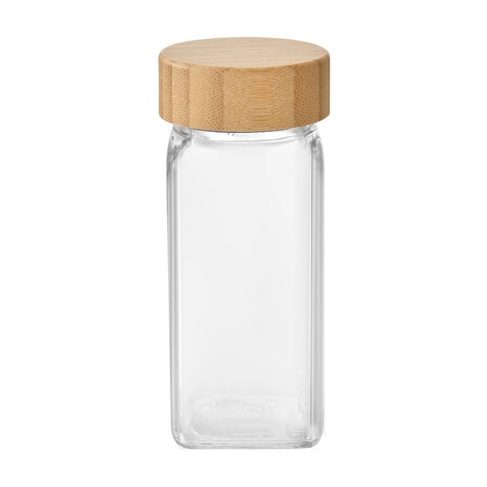 3 tarros de especias de vidrio con cubierta de madera, cuadrados, transparentes, para almacenamiento de condimentos, cocina, sal, especias, pimienta molida, herramientas de sellado (6 onzas)