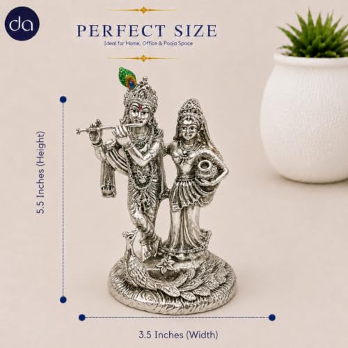 Image of 999 Silver Plated Radha Krishna Idol with Peacock - 5.5 Inch | Radhe Krishna Murti for Wedding for Couple, House Warming Gifts for Pooja Room
